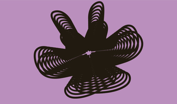 Abstract dark silhouette of a peace sign with intricate swirling lines on purple background