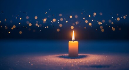 Photo of a single candle flame glows warmly in the darkness, casting a soft light on the snowy ground, surrounded by twinkling bokeh lights in the night