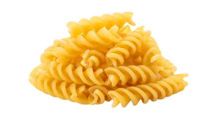 Pile of uncooked fusilli pasta isolated on transparent background, a type of pasta that are formed into corkscrew or helical shapes