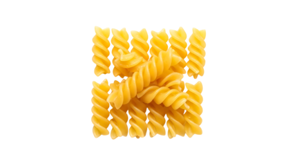 Heap of uncooked fusilli pasta isolated on transparent background, a type of pasta that are formed into corkscrew or helical shapes
