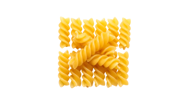 Heap of uncooked fusilli pasta isolated on transparent background, a type of pasta that are formed into corkscrew or helical shapes