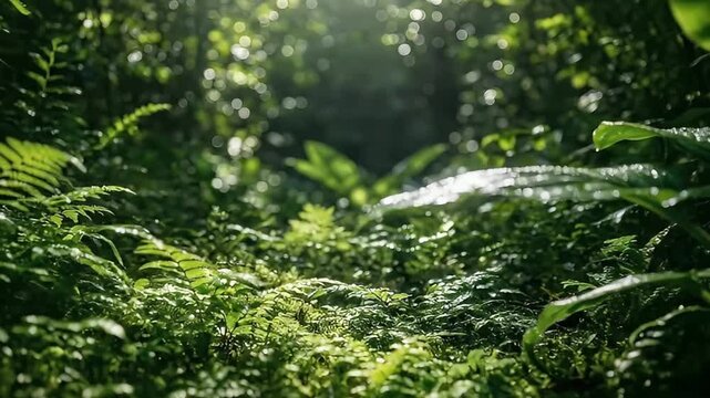 A captivating close-up shot reveals the intricate beauty of a vibrant, lush green forest undergrowth. Dappled sunlight filters through the dense canopy, creating a mesmerizing bokeh effect and illumin
