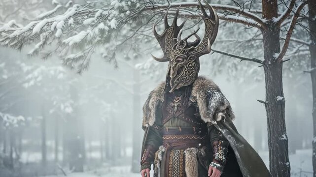 Man in pagan god costume with mask and fur cape standing in snow forest. Pagan christmas celebration, winter mystery concept.