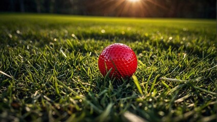A red golf ball on the grass.