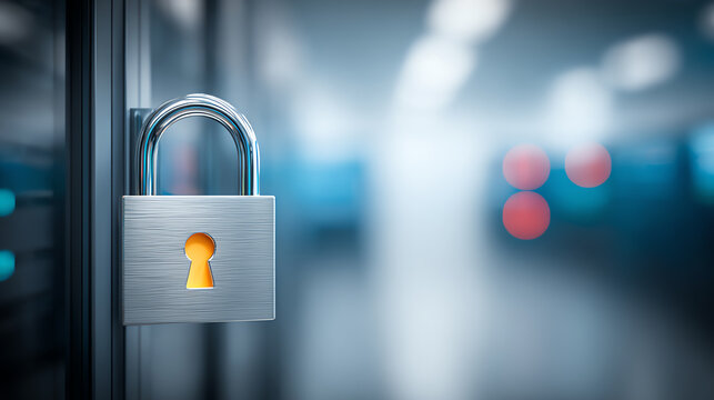 A close-up of a padlock securing a server, symbolizing data protection and cybersecurity in a data center.