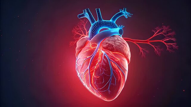 Animated heart with glowing veins and arteries showcasing blood flow for medical education and dynamic presentations about cardiovascular health