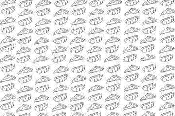Seamless pattern of pizza slices and hotdogs in clean line art style, arranged in a playful repetitive layout for food packaging, backgrounds, and snack-themed designs.