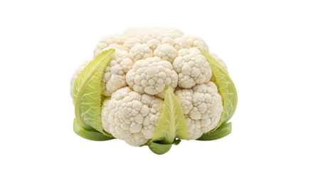 A fresh cauliflower isolated on transparent background, showcasing its pristine white florets and vibrant green leaves, a healthy and versatile vegetable option