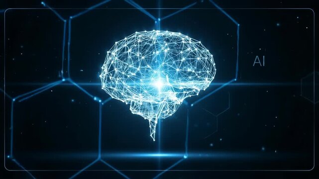 AI brain projection shows cognitive performance, highlighting artificial intelligence. AI brain model with interconnected nodes and neural network mimics human thinking for machine learning. - Powered by Adobe