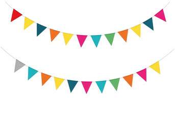 Colorful triangular bunting flags strung on strings, isolated on transparent background