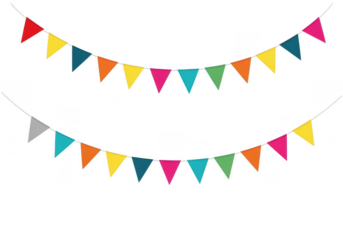 Colorful triangular bunting flags strung on strings, isolated on transparent background