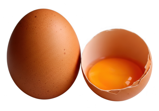 A whole brown egg next to a cracked egg with the yolk visible, isolated on transparent background - Powered by Adobe