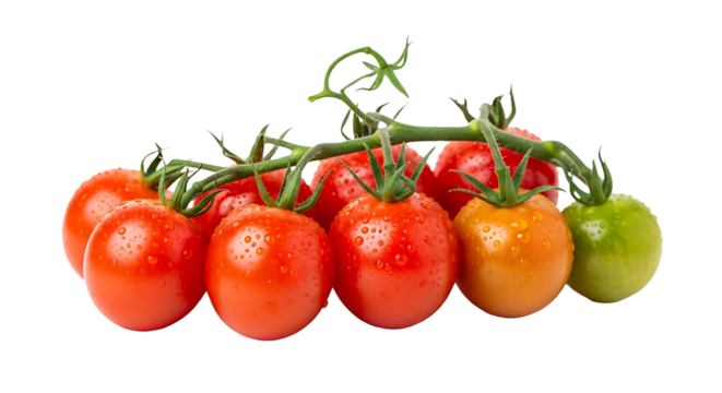 Fresh and vibrant cherry tomatoes on the vine, isolated on transparent background, showcasing their natural beauty and vibrant red color, perfect for culinary themes