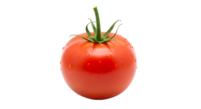 A single, vibrant tomato, isolated on transparent background, showcasing its smooth skin and fresh appearance, perfect for culinary and healthy lifestyle themes