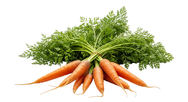 Freshly harvested carrots with vibrant green tops isolated on transparent background, showcasing the natural beauty and nutritional value of this root vegetable