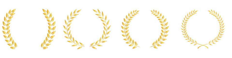 Golden laurel wreath set of four elegant vector elements, classic victory award branch icons, luxury achievement prize decoration clip art,  Laurel wreath set. Silhouette vintage laurel wreaths 