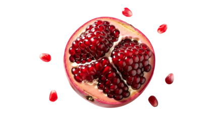 A vibrant pomegranate half, its ruby seeds glistening, is isolated on transparent background, surrounded by scattered seeds, creating a fresh and inviting image