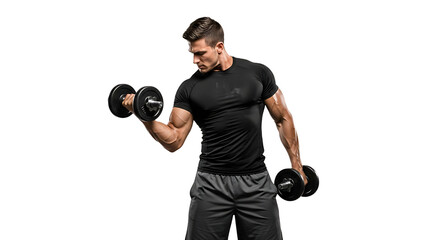 Muscular man lifting dumbbells in a bicep curl exercise, showcasing strength and fitness, isolated on transparent background, demonstrating workout routine