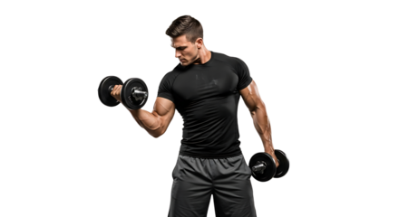 Muscular man lifting dumbbells in a bicep curl exercise, showcasing strength and fitness, isolated on transparent background, demonstrating workout routine