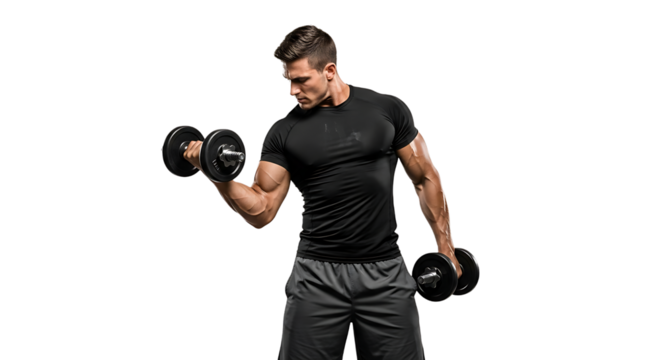 Muscular man lifting dumbbells in a bicep curl exercise, showcasing strength and fitness, isolated on transparent background, demonstrating workout routine