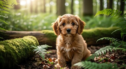 Adorable brown puppy sits in a lush forest with sunlight filtering through trees.