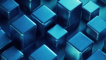 Abstract Blue Cubes Background with Geometric Shapes and Metallic Sheen.