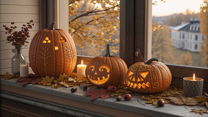 Carved halloween pumpkins glowing on a windowsill at dusk