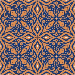 Modern Ikat Winter Bloom Ikat: Petal-Like Diamonds in Blue, Cream, and Orange with Snowy Motion