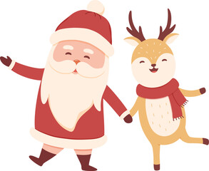 Cute Santa and Reindeer Holding Hands, Christmas Friendship Illustration