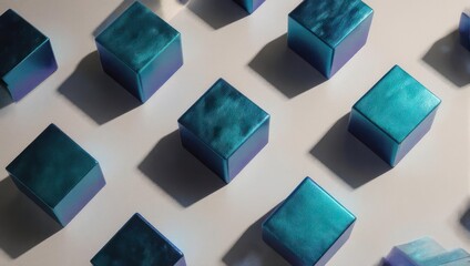 Orderly grid of iridescent blue and purple cubes casting shadows.
