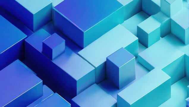 Abstract 3D background with blue and cyan geometric cubes.