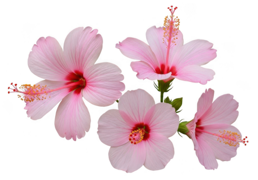 A delicate cluster of light pink hibiscus flowers with vibrant red centers, isolated on a transparent background