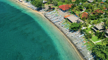 Drone Shot Of Amed Beach, Jukung Boats And Turquoise Sea From Above
