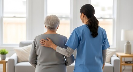 Obraz premium Caregiver places a comforting hand on the shoulder of an elderly woman in a bright, comfortable living room setting.