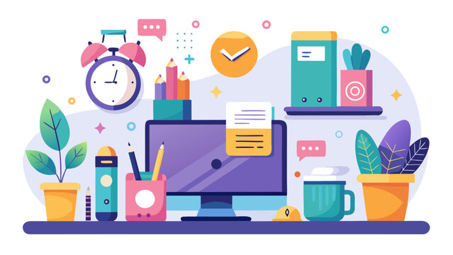 Colorful flat design workspace with desk items and plants