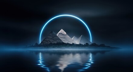 Mystical pyramids reflecting on calm water under a radiant neon circle