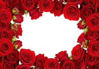 A beautiful oval frame made of vibrant red roses isolated on a clean transparent background, perfect for romantic or celebratory designs