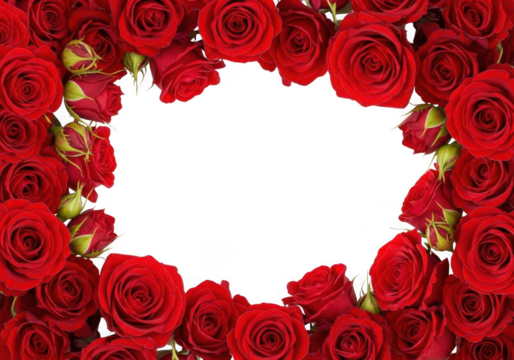 A beautiful oval frame made of vibrant red roses isolated on a clean transparent background, perfect for romantic or celebratory designs