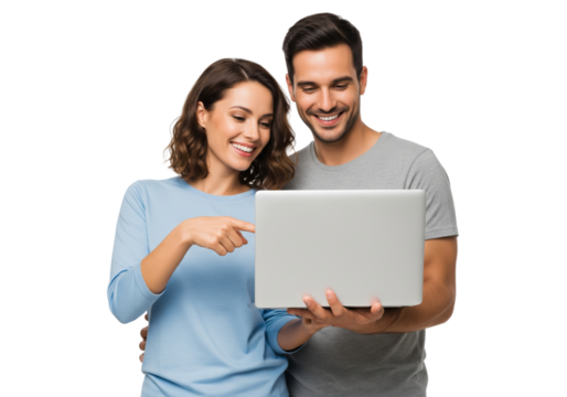 Happy couples using laptop isolated on white or transparent background