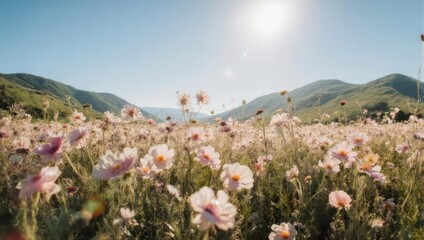 Fototapeta premium A field of delicate pink and white wildflowers basks in sunlight under a clear, blue sky