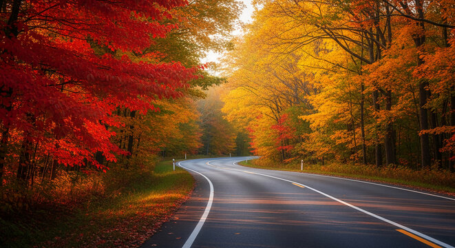 Scenic view of winding asphalt road with white stripes, surrounded by tree with foliage in red, orange, and yellow, representing autumnal journey - Powered by Adobe