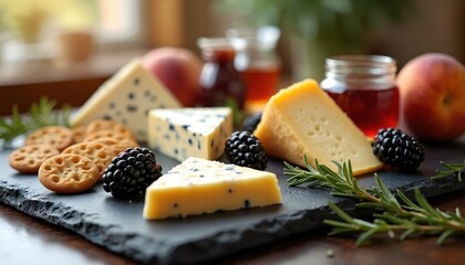 Gourmet cheese board with crackers, fruit and jam on slate plate. Assorted cheeses, crackers, blackberries and rosemary on serving board. Peach and honey jar in background.
