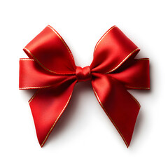 Red ribbon on white background. Top view of bow