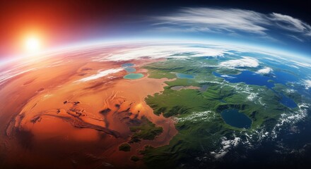Stunning Aerial View of a Colorful Planet Surface with Mountains and Lakes at Sunrise