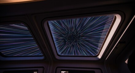 Futuristic Starship Viewport with Light Speed Motion in Deep Space Scene