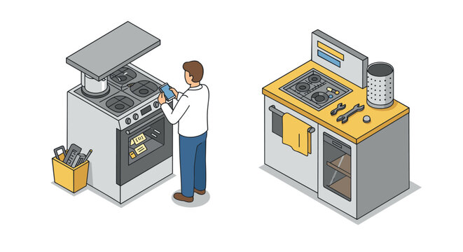 Creative art class isometric design featuring students sculpting and painting in studio