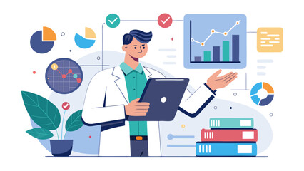 Scientist analyzing data and charts with tablet and books