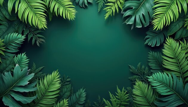 Frame of rich green tropical jungle leaves on a dark teal background. Various plant shapes and sizes form a natural border. This botanical arrangement evokes a sense of growth and organic beauty.