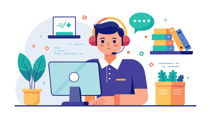 Customer support agent working on computer with headphones and books