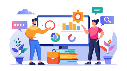 Team collaborating on data analysis and presentation with charts and graphs